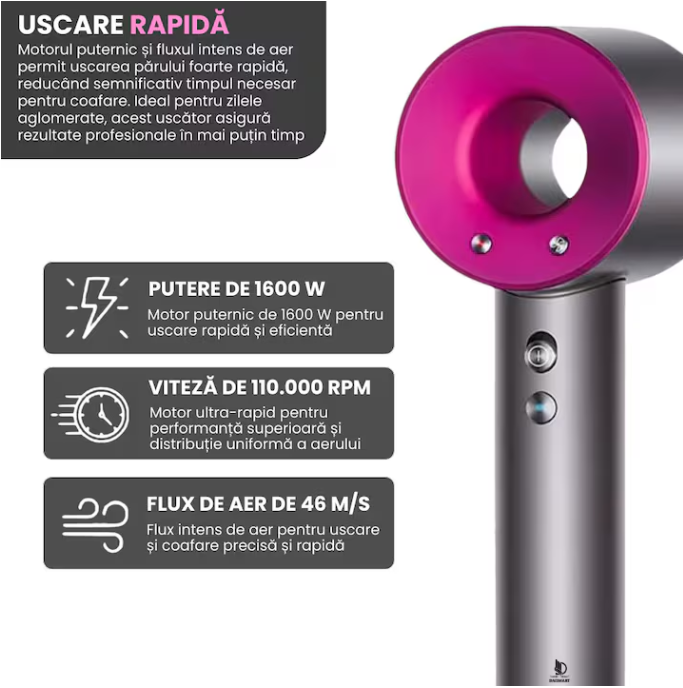 Uscator de par ultra puternic, At Performance, Ioni Negativi, Aer rece/ cald, 3 Trepte de viteza, 4 Trepte de temperatura, 5 Capete diferite