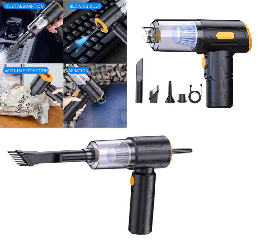 Aspirator Portabil fără Fir, Flippy, Tip Pistol 3 în 1 – Suflare și Aspirare, Încărcare USB, pentru Casă și Mașină, 120W, Autonomie 30 min, Negru