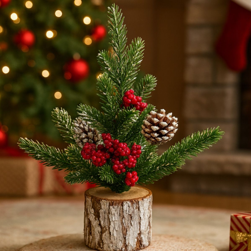 Brad Artificial 27cm, cu Merisoare si Conuri, Bază din Lemn