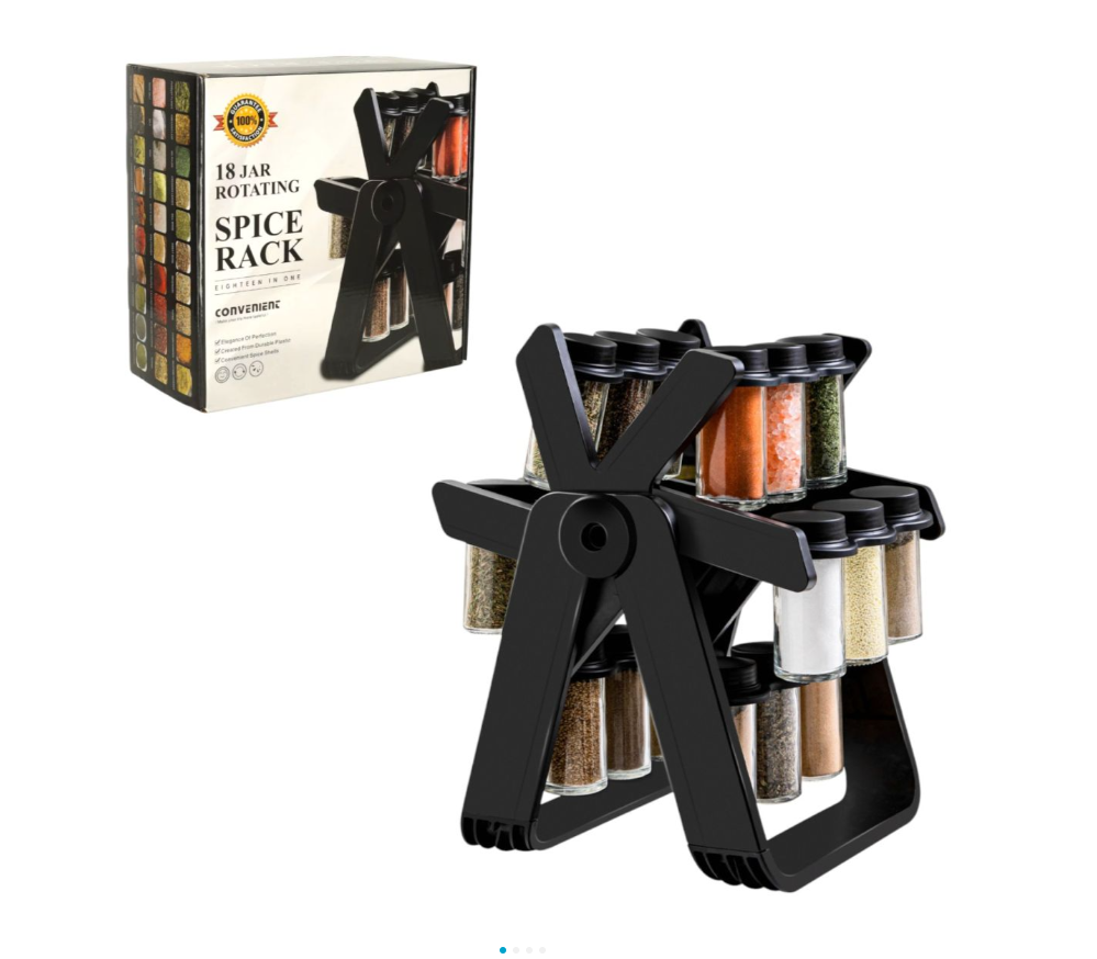Suport Condimente Rotativ cu 18 Recipiente din Sticlă, 26x22.5x34.5cm, cu Suport din Plastic