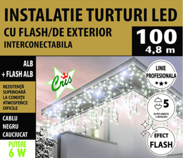 Instalație Țurțuri LED de Exterior, 100 LED, 4.8 m, Alb + Flash, Interconectabilă, Linie Profesională