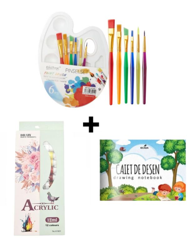 Set Creativ de Pictură – Paletă cu 6 Pensule + Set Acoarele 12 Culori + Caiet de Desen