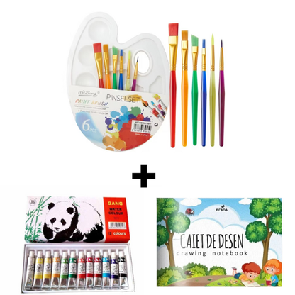 Set Creativ de Pictură – Paletă cu 6 Pensule + Set Acoarele 12 Culori + Caiet de Desen Cadou