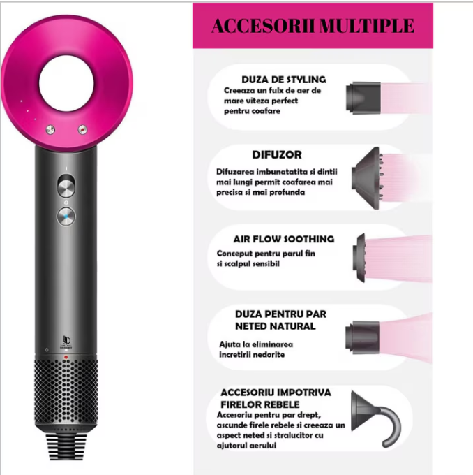 Uscator de par ultra puternic, At Performance, Ioni Negativi, Aer rece/ cald, 3 Trepte de viteza, 4 Trepte de temperatura, 5 Capete diferite