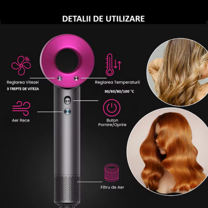 Uscator de par ultra puternic, At Performance, Ioni Negativi, Aer rece/ cald, 3 Trepte de viteza, 4 Trepte de temperatura, 5 Capete diferite