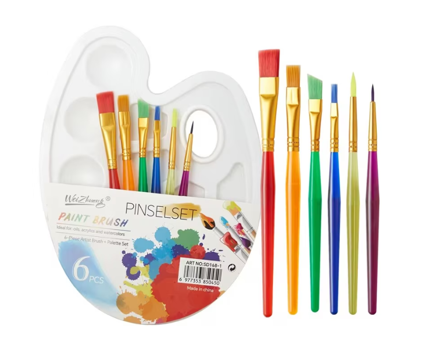 Set Paletă de Pictură + 6 Pensule Colorate, Ideal pentru Acoarele, Acrilice și Ulei
