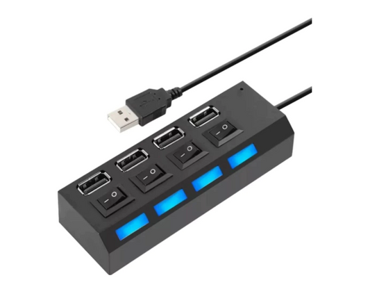 Hub USB 2.0 cu 4 Porturi și Butoane Individuale ON/OFF + LED Albastru