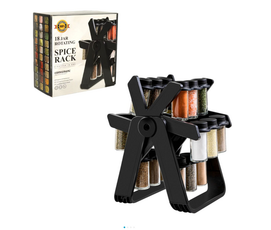 Suport Condimente Rotativ cu 18 Recipiente din Sticlă, 26x22.5x34.5cm, cu Suport din Plastic