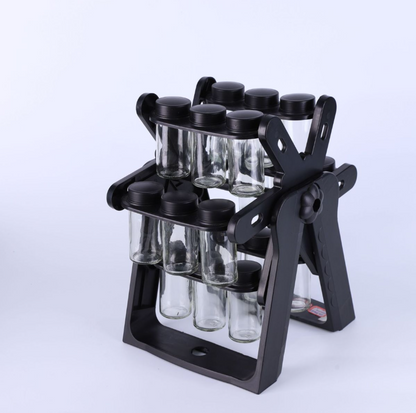 Suport Condimente Rotativ cu 18 Recipiente din Sticlă, 26x22.5x34.5cm, cu Suport din Plastic